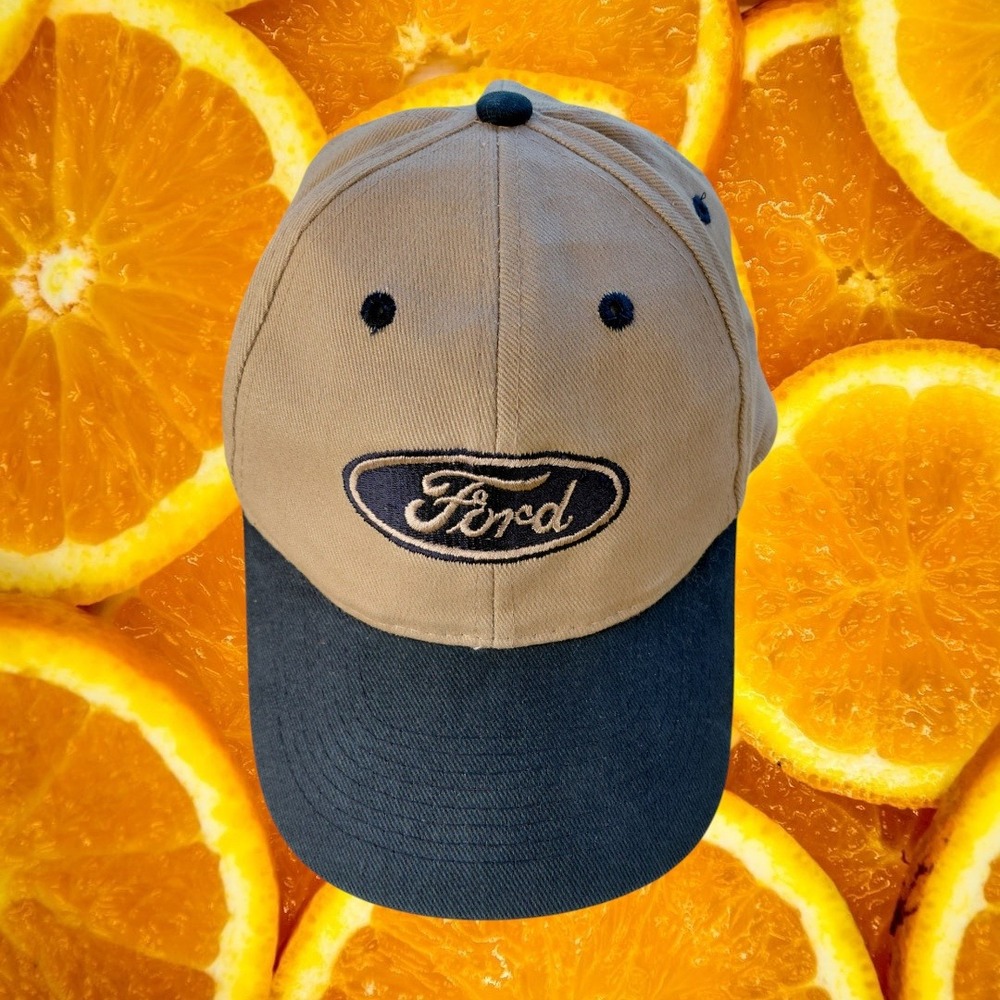 Vintage Ford Snapback Hat Toppers Inc Tan Navy Blue Embroidered Logo Mens Cap